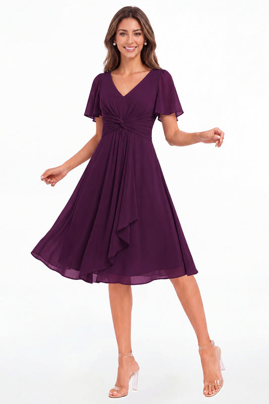 Plum V-Neck Flutter Sleeve Chiffon Midi Dress - Front View