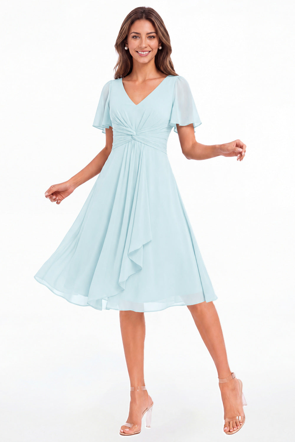 Powder Blue V-Neck Flutter Sleeve Chiffon Midi Dress - Front View