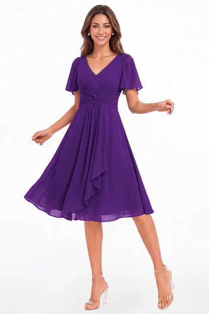 Purple V-Neck Flutter Sleeve Chiffon Midi Dress - Front View