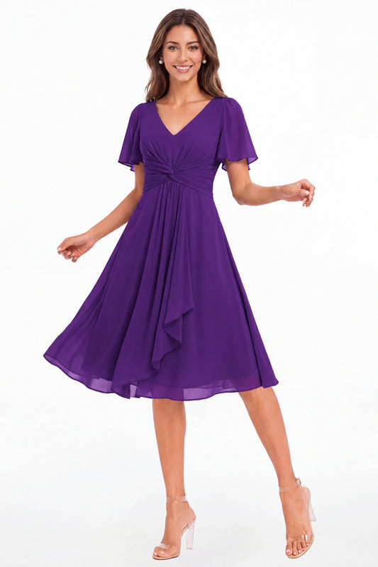 Purple V-Neck Flutter Sleeve Chiffon Midi Dress - Front View