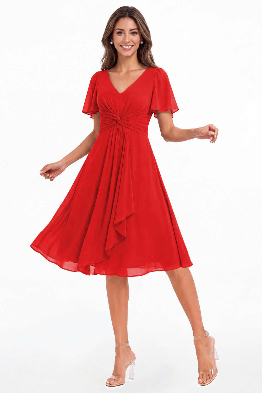 Red V-Neck Flutter Sleeve Chiffon Midi Dress - Front View