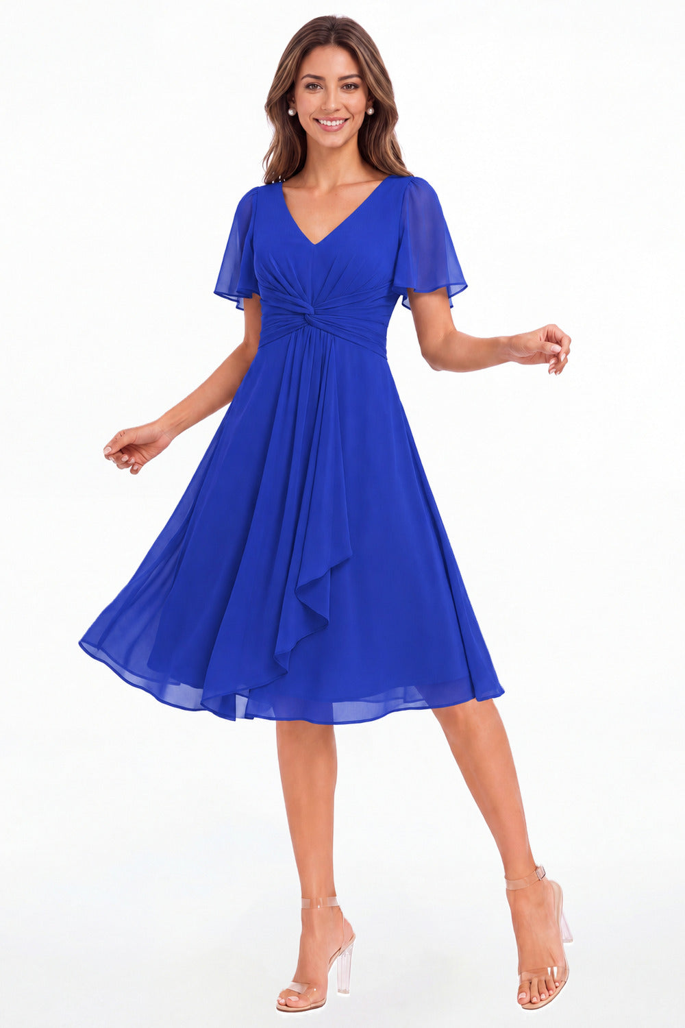 Royal Blue V-Neck Flutter Sleeve Chiffon Midi Dress - Front View