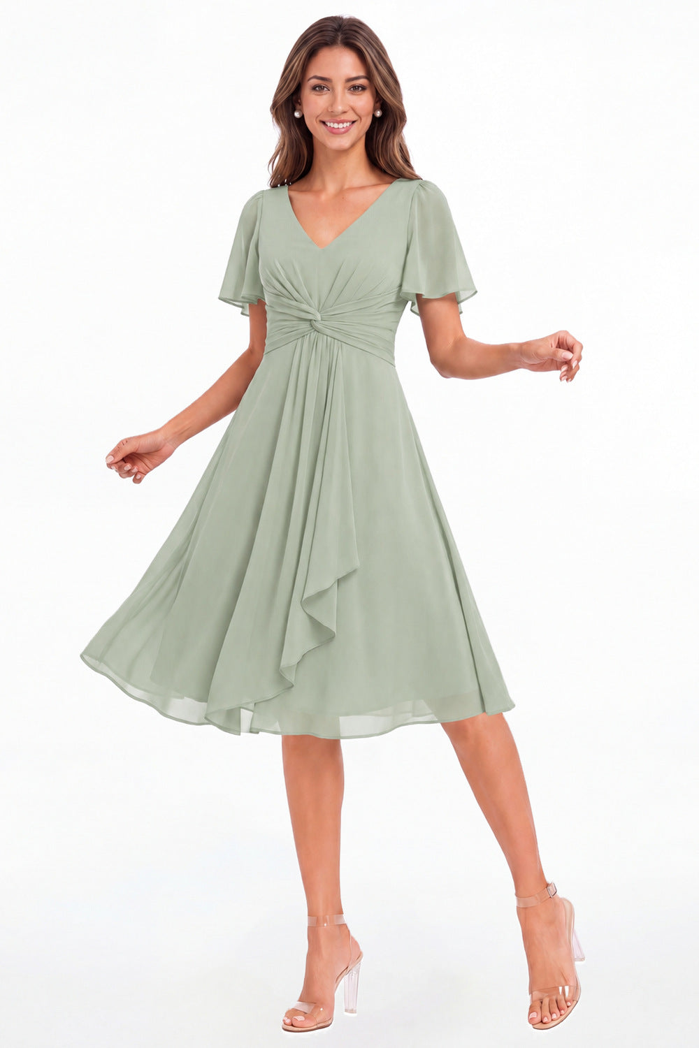 Sage Green V-Neck Flutter Sleeve Chiffon Midi Dress - Front View