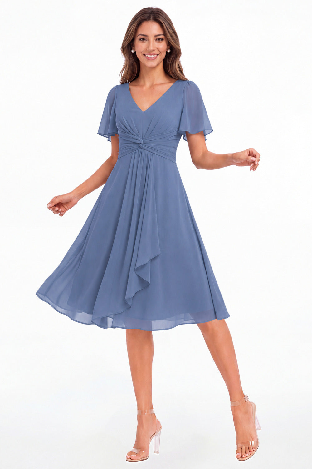 Steel Blue V-Neck Flutter Sleeve Chiffon Midi Dress - Front View
