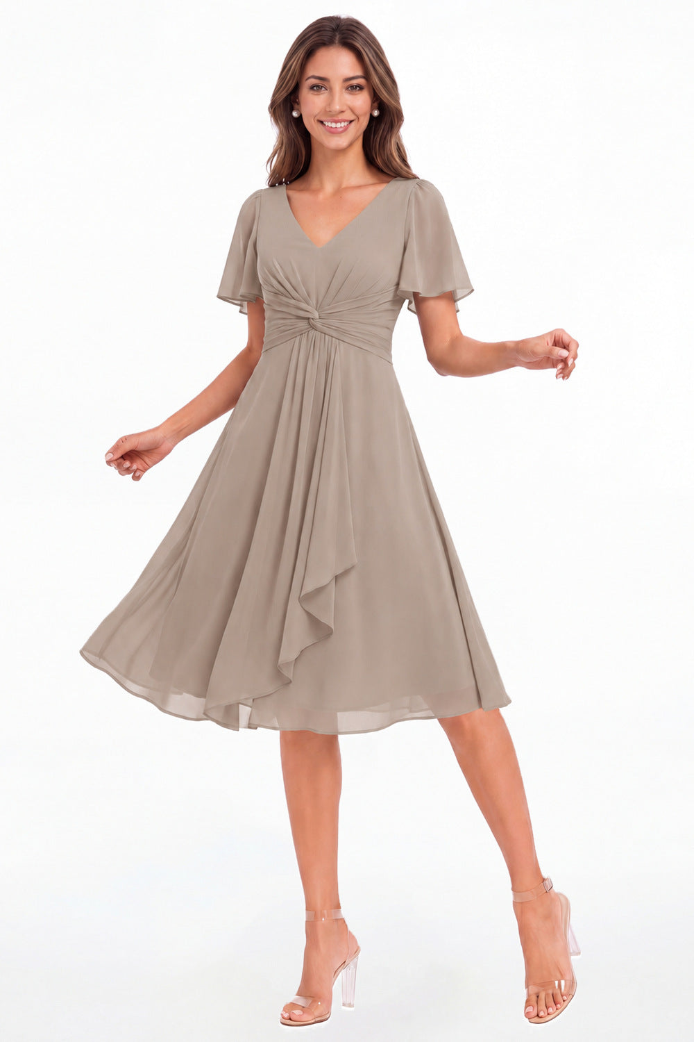 Taupe V-Neck Flutter Sleeve Chiffon Midi Dress - Front View