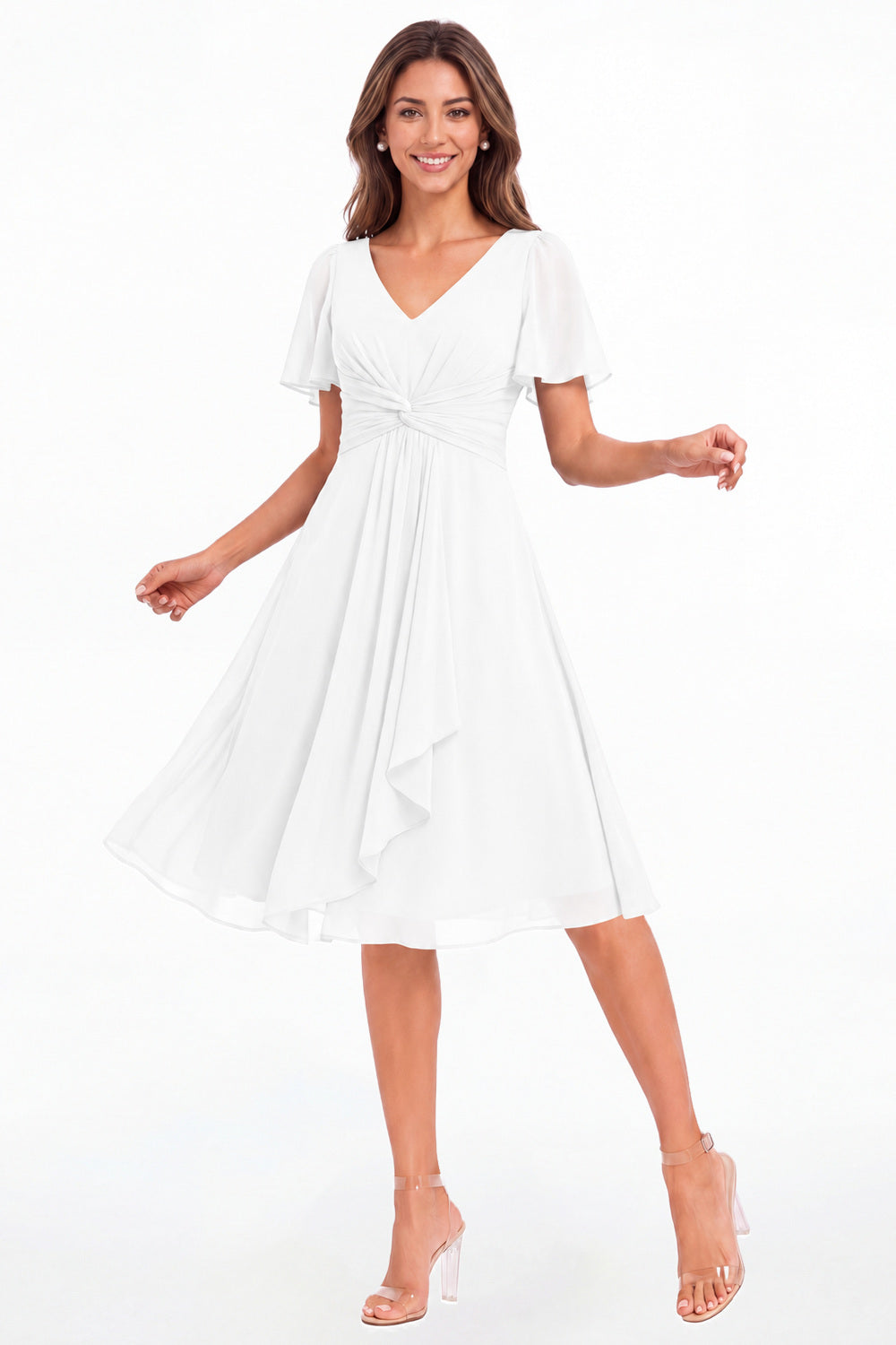 White V-Neck Flutter Sleeve Chiffon Midi Dress - Front View