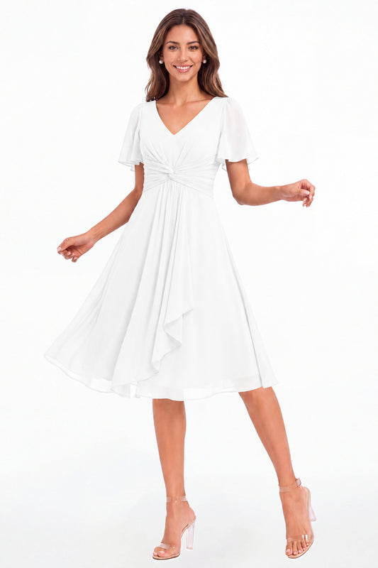 White V-Neck Flutter Sleeve Chiffon Midi Dress - Front View