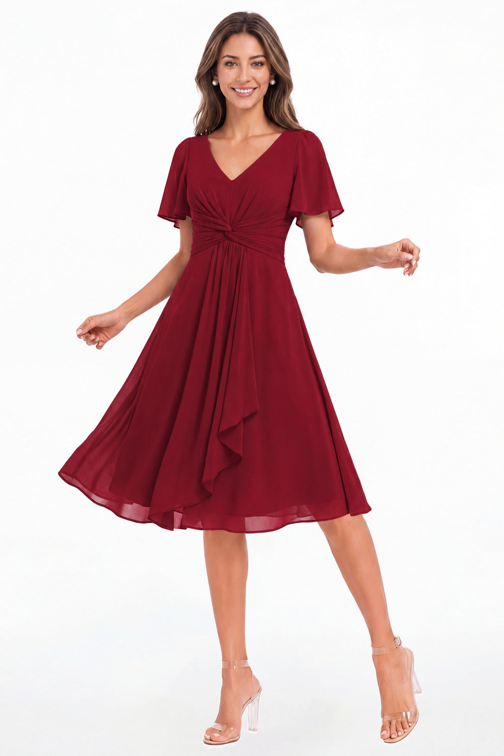Wine Red V-Neck Flutter Sleeve Chiffon Midi Dress - Front View