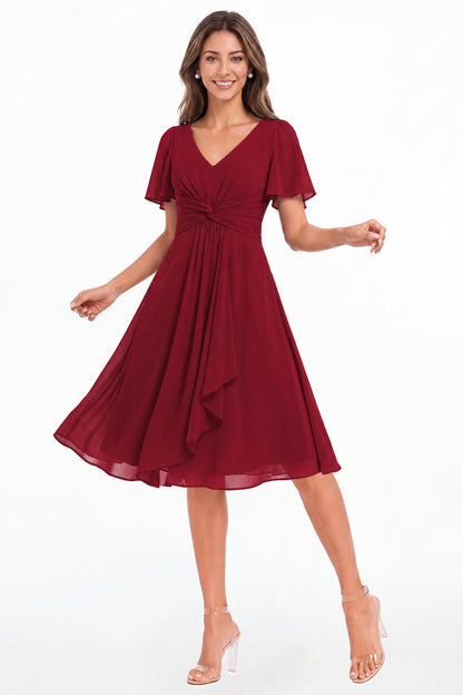 Wine Red V-Neck Flutter Sleeve Chiffon Midi Dress - Front View