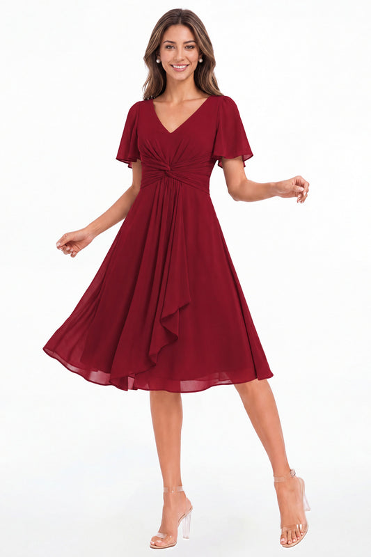 Wine Red V-Neck Flutter Sleeve Chiffon Midi Dress - Front View