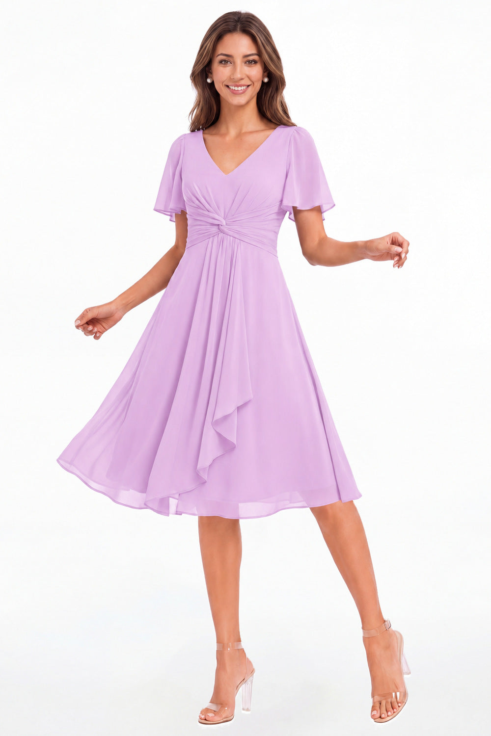 Wisteria V-Neck Flutter Sleeve Chiffon Midi Dress - Front View