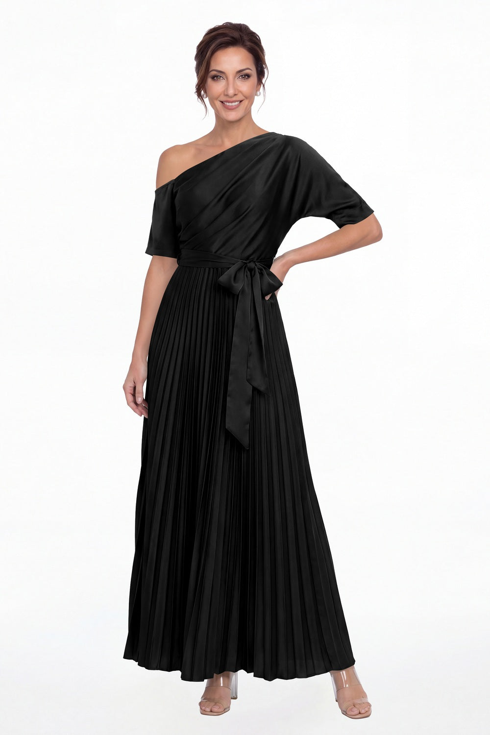 Black One Shoulder Pleated Satin A-Line Maxi Gown - Front View