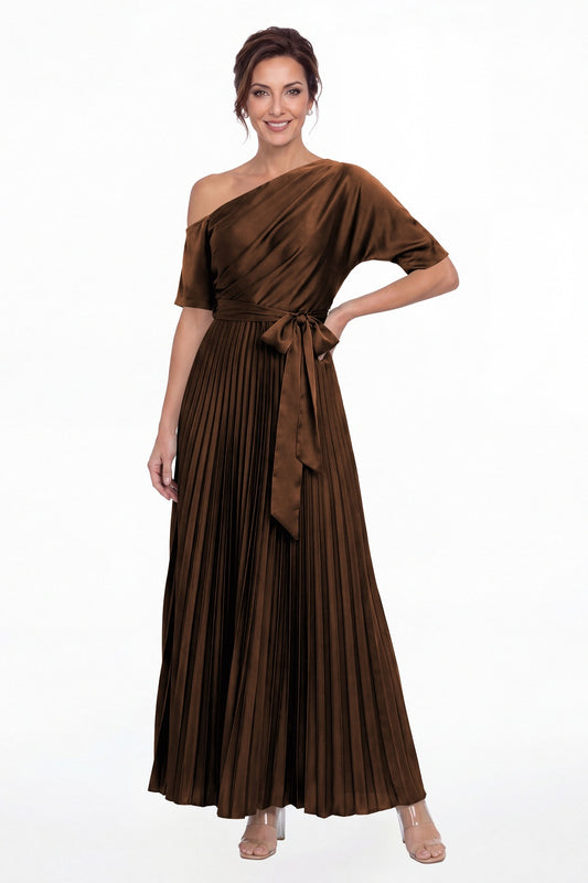 Brown One Shoulder Pleated Satin A-Line Maxi Gown - Front View