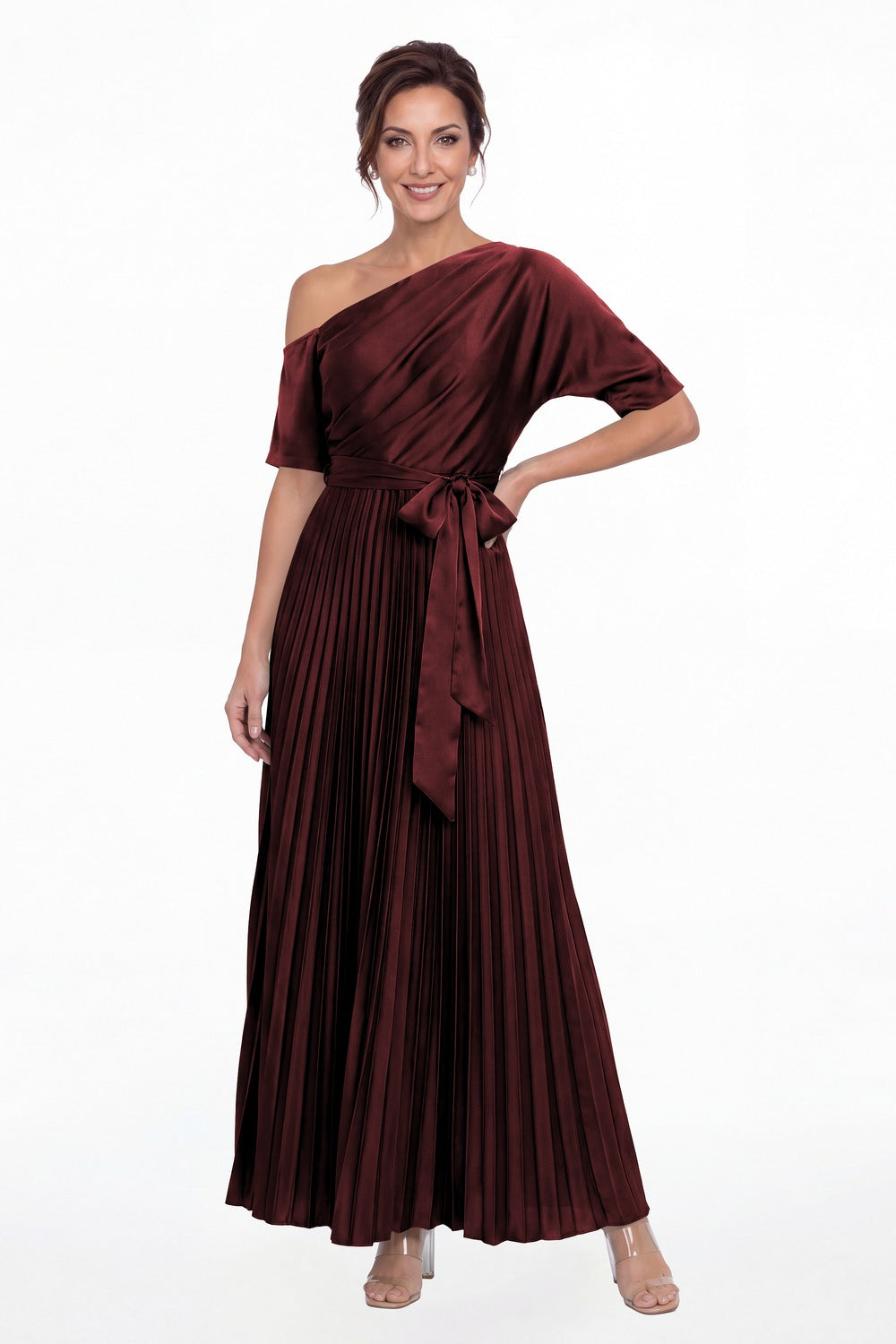 Burgundy One Shoulder Pleated Satin A-Line Maxi Gown - Front View