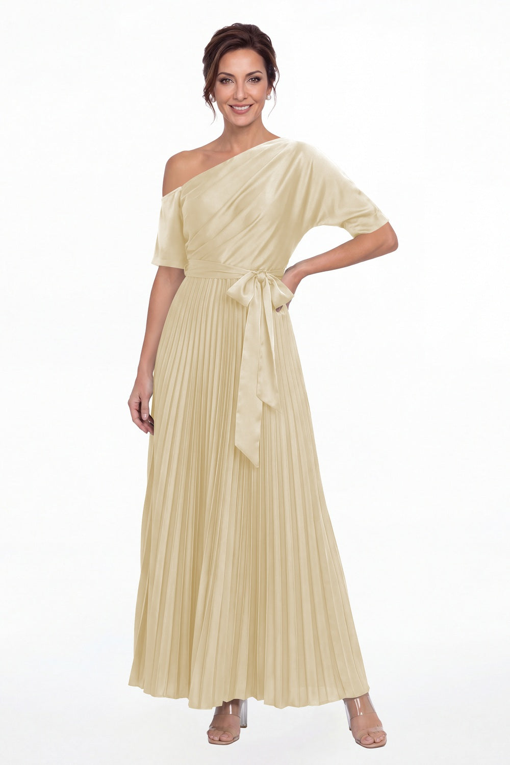 Champagne One Shoulder Pleated Satin A-Line Maxi Gown - Front View