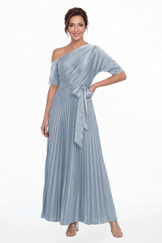 Dusty Blue One Shoulder Pleated Satin A-Line Maxi Gown - Front View