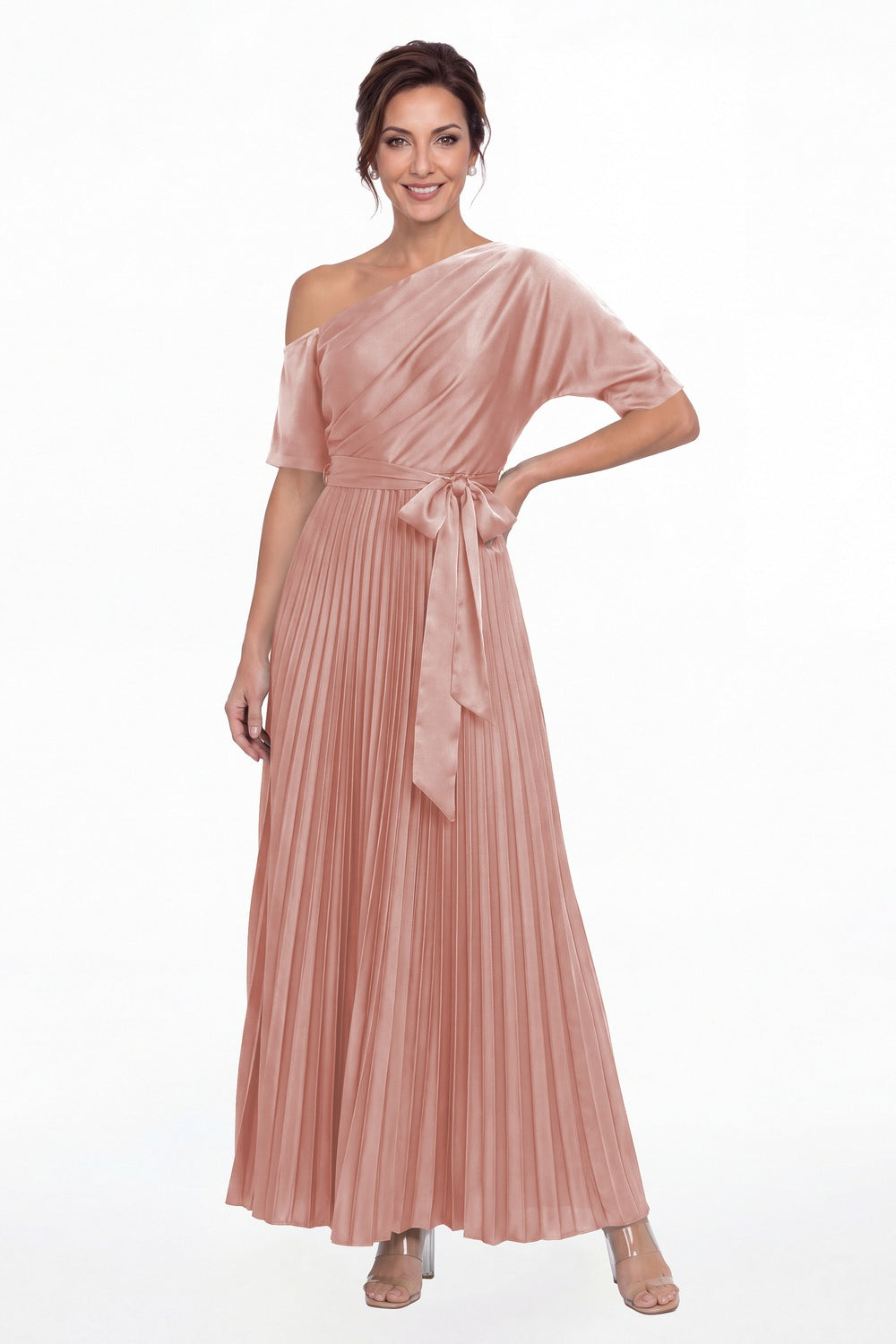 Dusty Rose One Shoulder Pleated Satin A-Line Maxi Gown - Front View