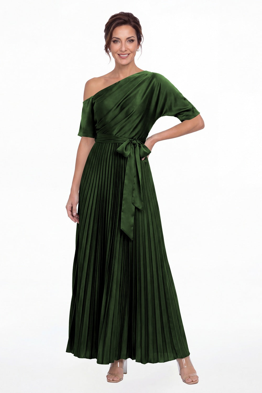 Emerald Green One Shoulder Pleated Satin A-Line Maxi Gown - Front View