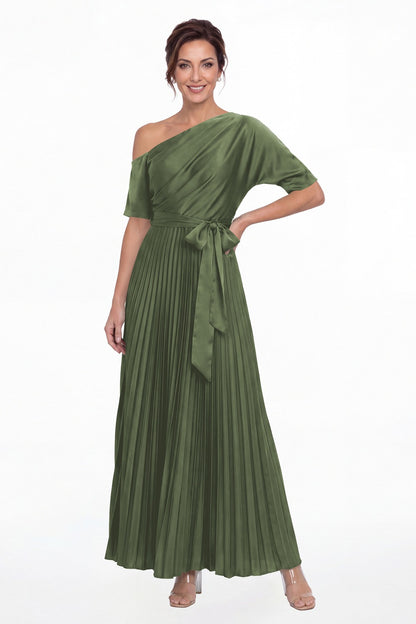 Moss Green One Shoulder Pleated Satin A-Line Maxi Gown - Front View