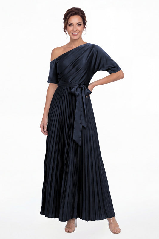 Navy Blue One Shoulder Pleated Satin A-Line Maxi Gown - Front View