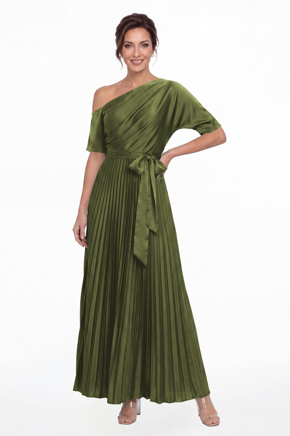 Olive Green One Shoulder Pleated Satin A-Line Maxi Gown - Front View