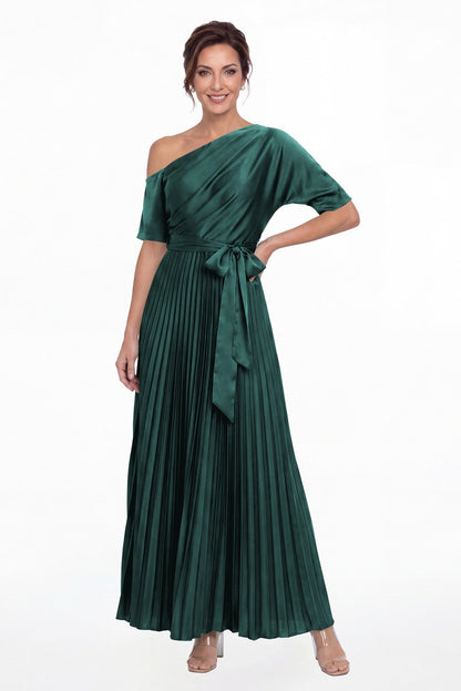 Peacock One Shoulder Pleated Satin A-Line Maxi Gown - Front View