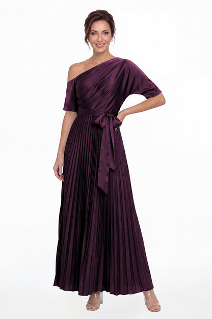 Plum One Shoulder Pleated Satin A-Line Maxi Gown - Front View