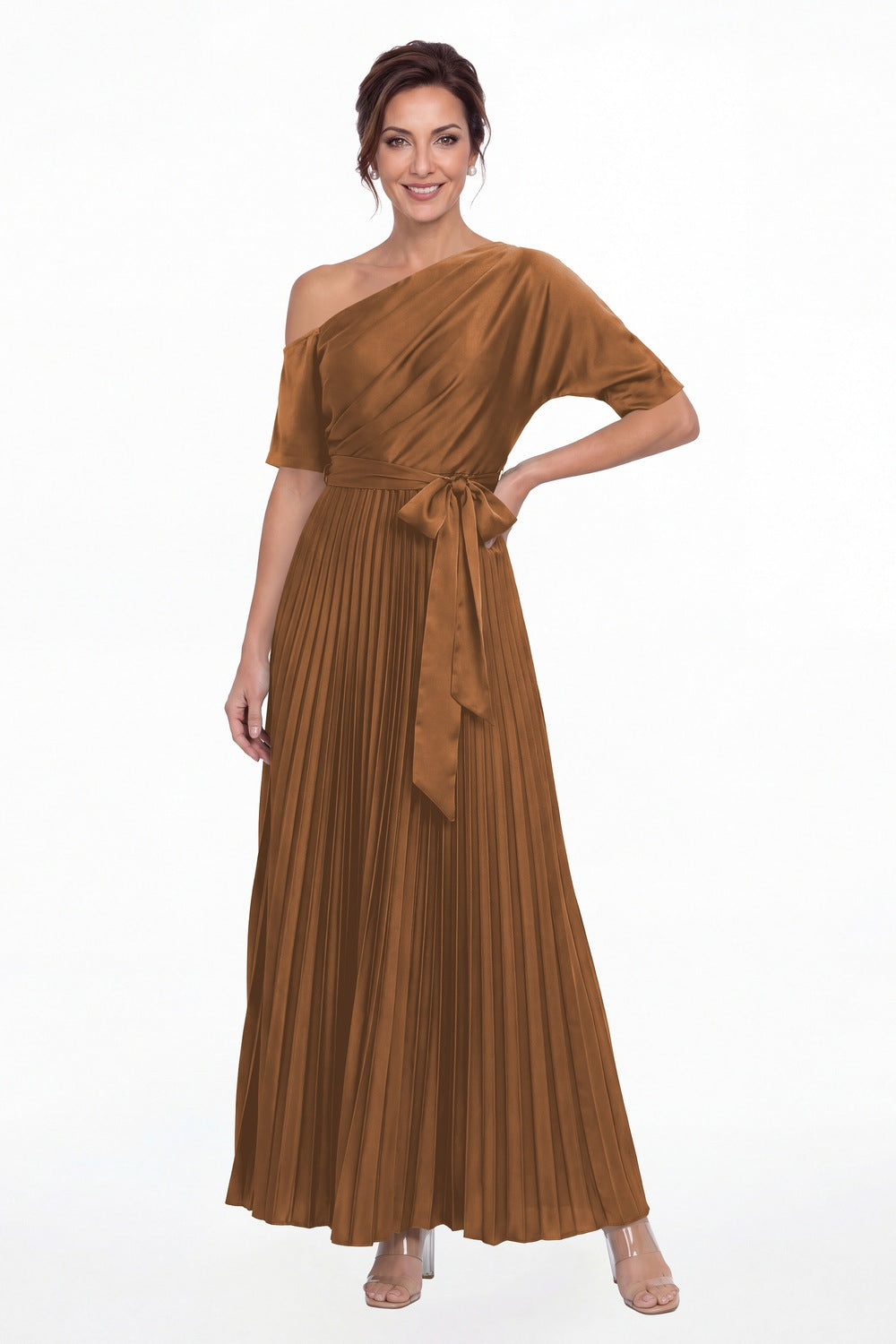 Rust One Shoulder Pleated Satin A-Line Maxi Gown - Front View