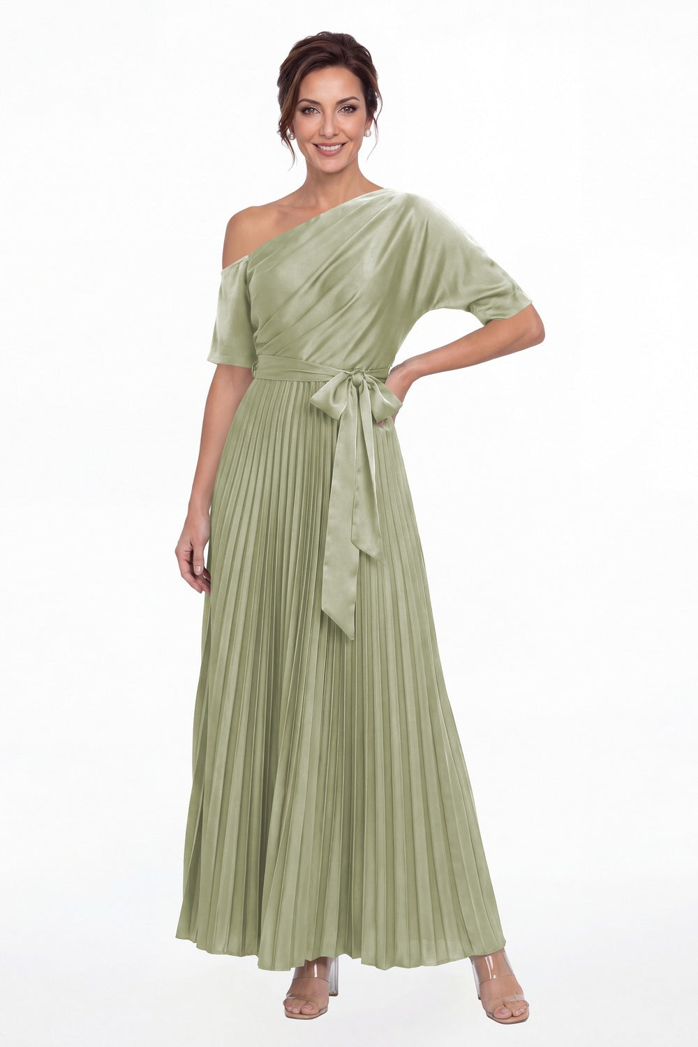 Sage Green One Shoulder Pleated Satin A-Line Maxi Gown - Front View
