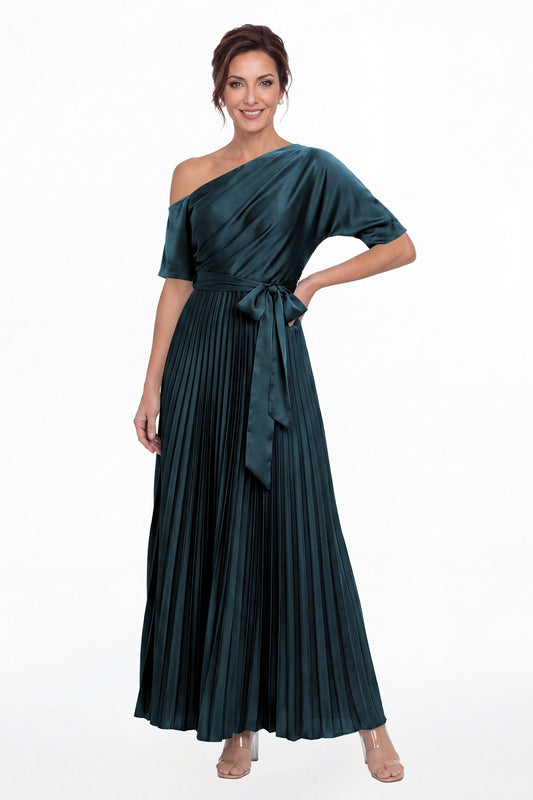 Teal One Shoulder Pleated Satin A-Line Maxi Gown - Front View