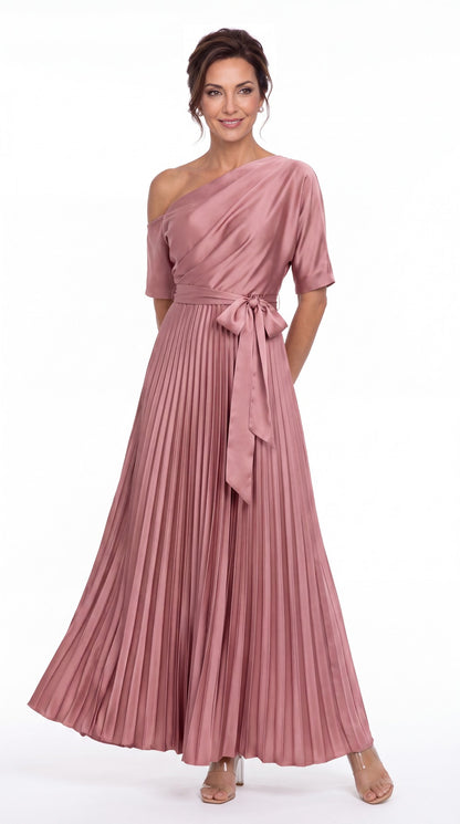 One Shoulder Pleated Satin A-Line Maxi Gown - Back View
