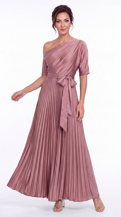 One Shoulder Pleated Satin A-Line Maxi Gown - Detail View 1