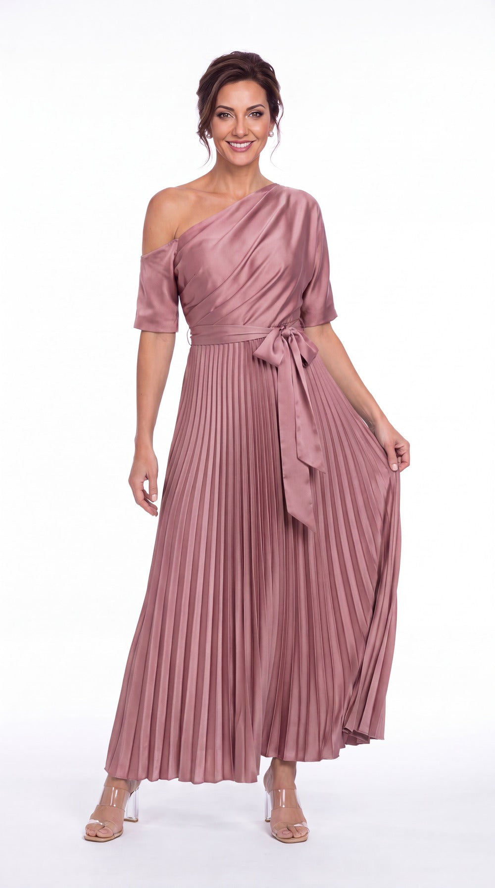One Shoulder Pleated Satin A-Line Maxi Gown - Detail View 2
