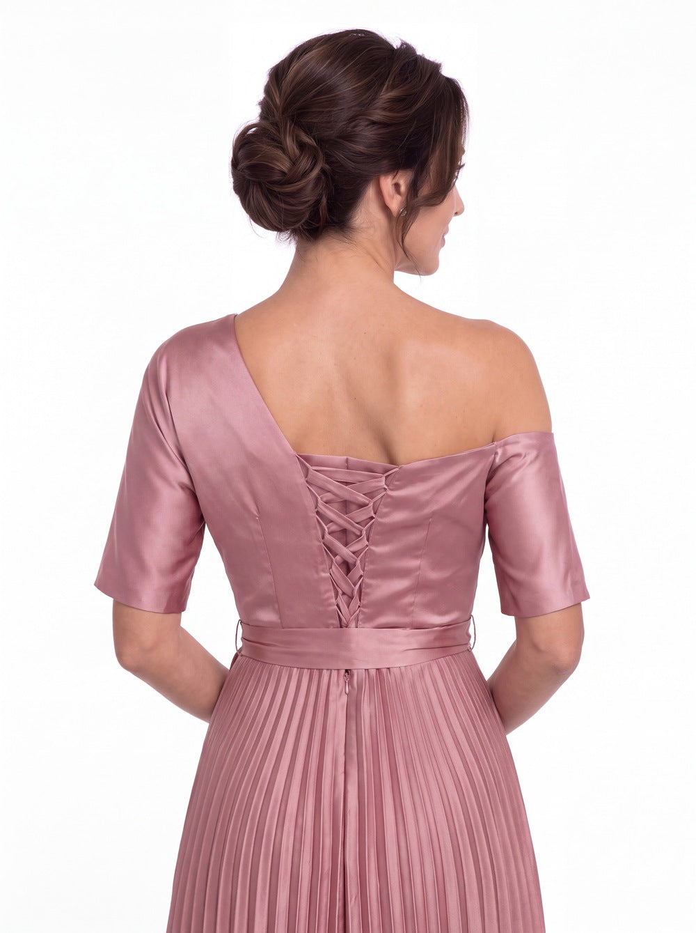 One Shoulder Pleated Satin A-Line Maxi Gown - Detail View 4