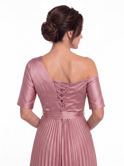 One Shoulder Pleated Satin A-Line Maxi Gown - Detail View 4