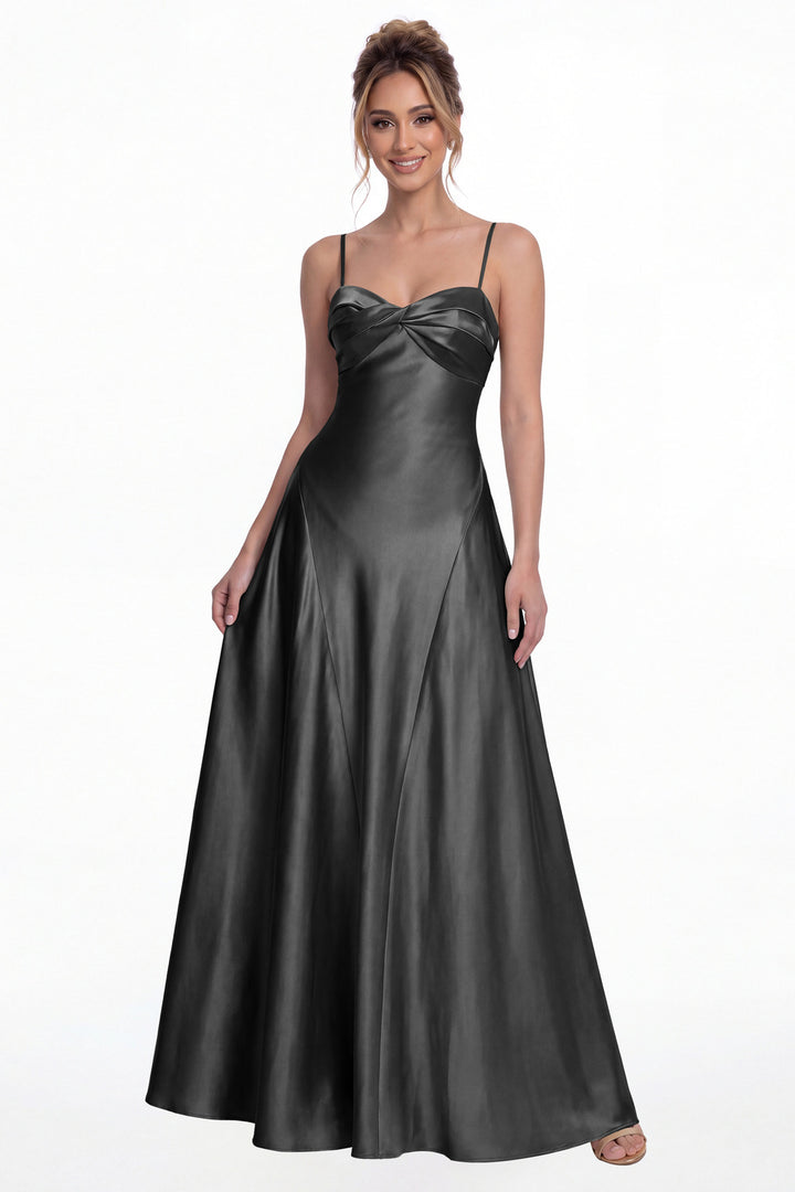 Black Spaghetti Strap Twist Satin A-Line Maxi Gown - Front View