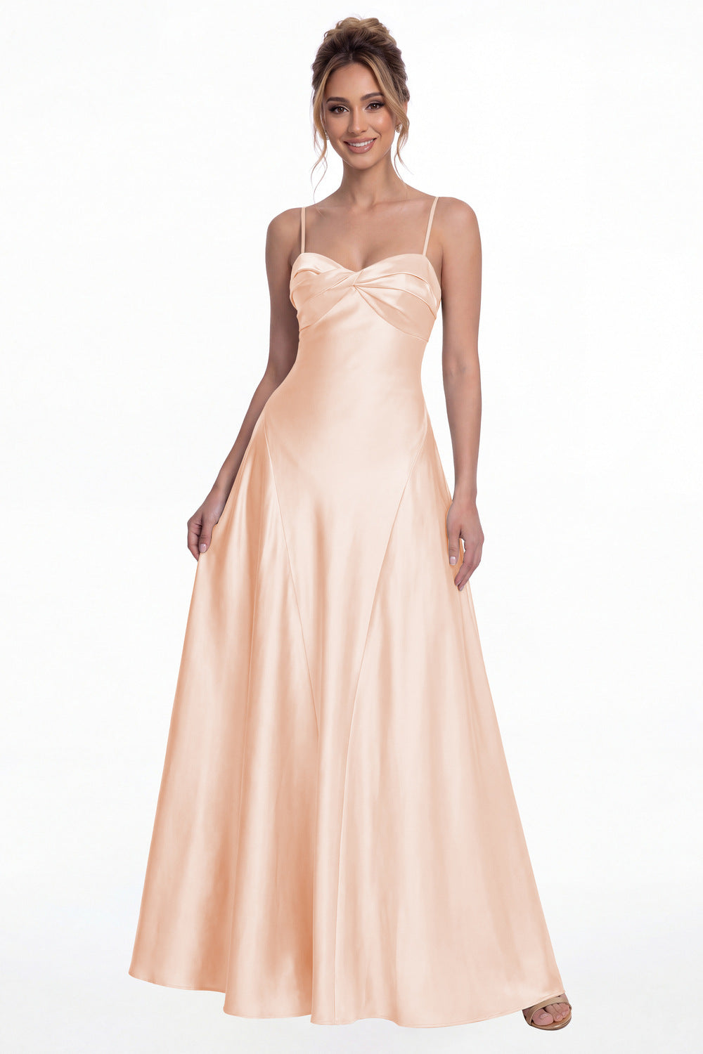Blush Pink Spaghetti Strap Twist Satin A-Line Maxi Gown - Front View