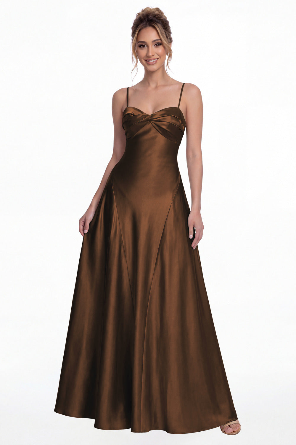 Brown Spaghetti Strap Twist Satin A-Line Maxi Gown - Front View