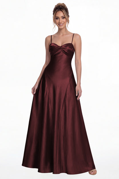 Burgundy Spaghetti Strap Twist Satin A-Line Maxi Gown - Front View