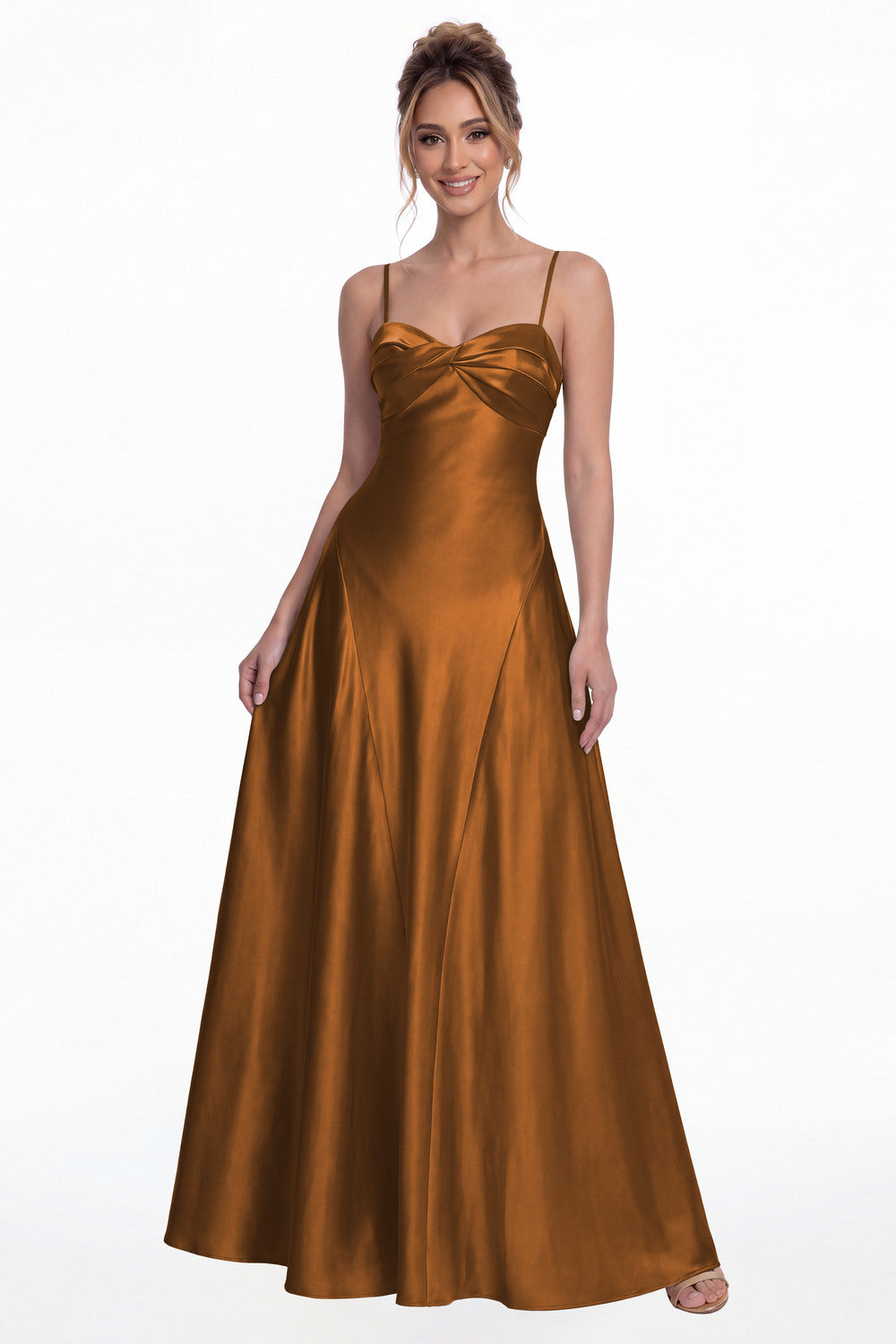 Burnt Orange Spaghetti Strap Twist Satin A-Line Maxi Gown - Front View