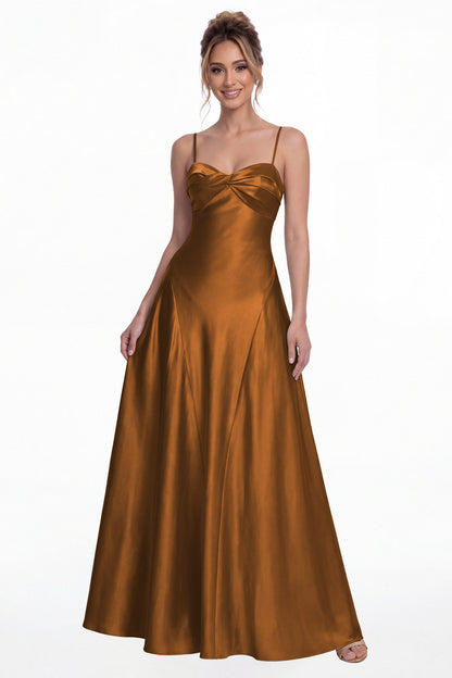 Burnt Orange Spaghetti Strap Twist Satin A-Line Maxi Gown - Front View