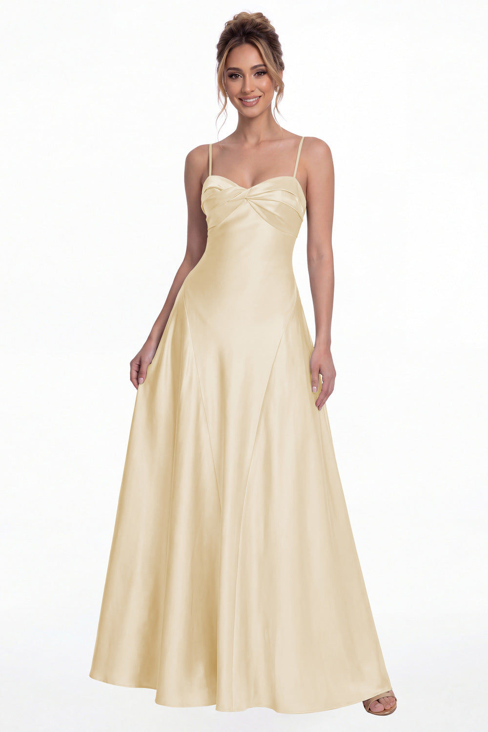 Champagne Spaghetti Strap Twist Satin A-Line Maxi Gown - Front View