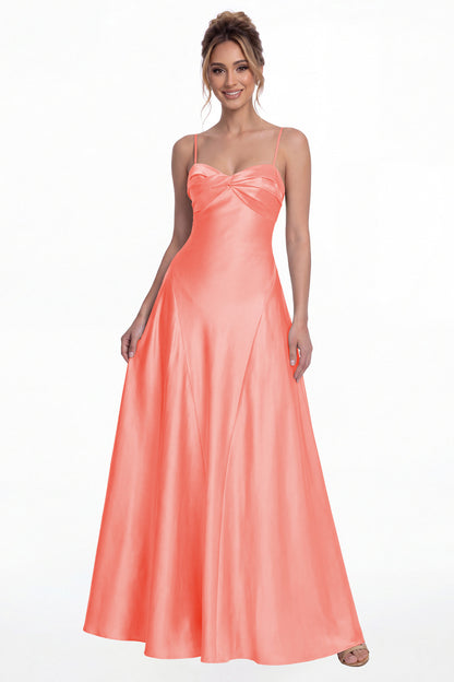 Coral Spaghetti Strap Twist Satin A-Line Maxi Gown - Front View