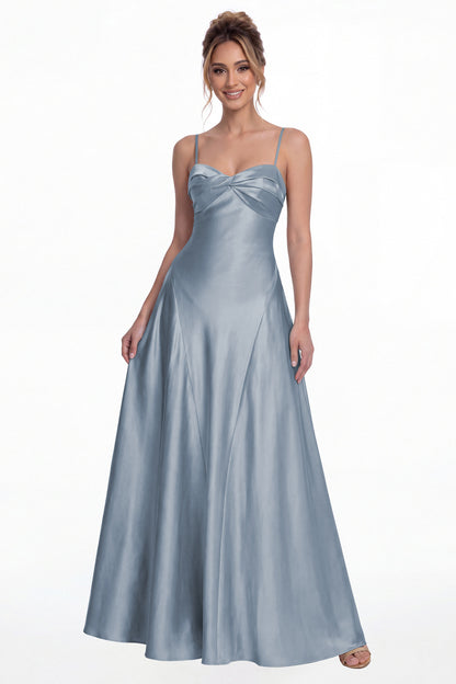 Dusty Blue Spaghetti Strap Twist Satin A-Line Maxi Gown - Front View