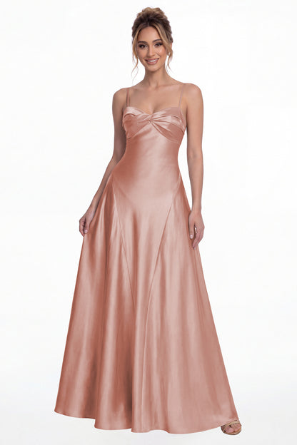 Dusty Rose Spaghetti Strap Twist Satin A-Line Maxi Gown - Front View