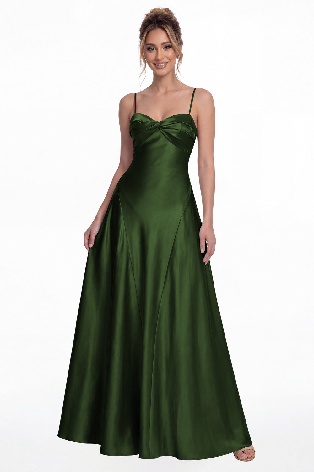 Emerald Green Spaghetti Strap Twist Satin A-Line Maxi Gown - Front View