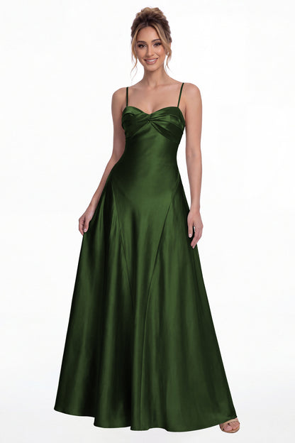 Emerald Green Spaghetti Strap Twist Satin A-Line Maxi Gown - Front View