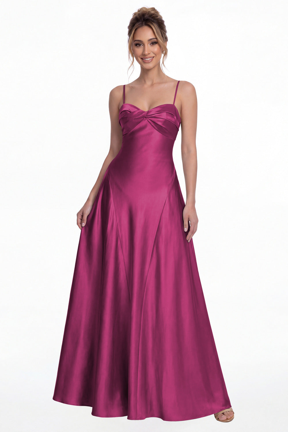 Fuchsia Spaghetti Strap Twist Satin A-Line Maxi Gown - Front View