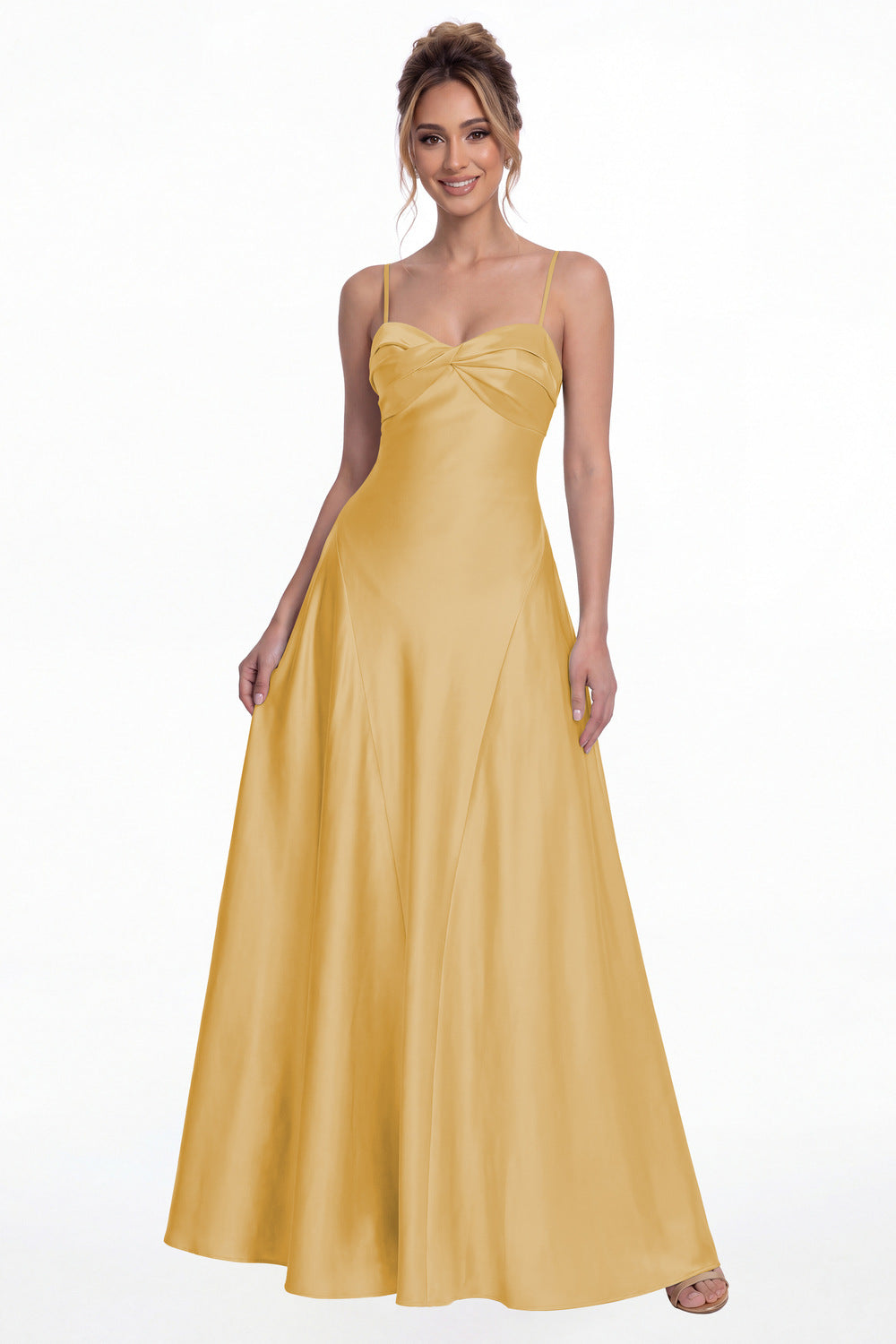 Gold Spaghetti Strap Twist Satin A-Line Maxi Gown - Front View