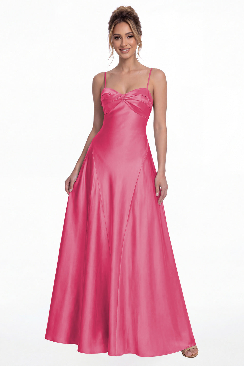 Hot Pink Spaghetti Strap Twist Satin A-Line Maxi Gown - Front View